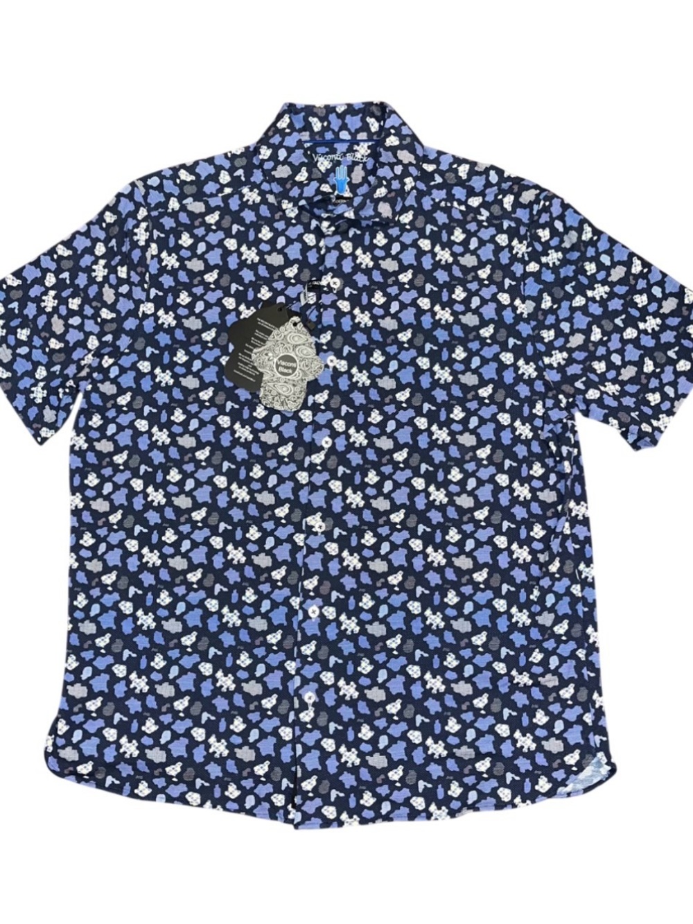 Visconti Black Short Sleeve Blue White Button Up Collar Shirt NWT Men Medium